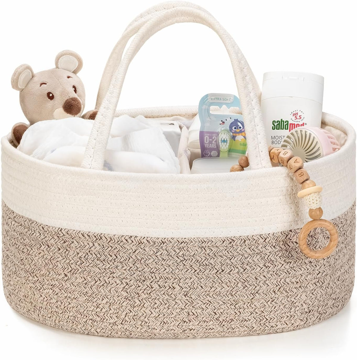 Kodomoore diaper caddy organizer front view white and beige woven basket