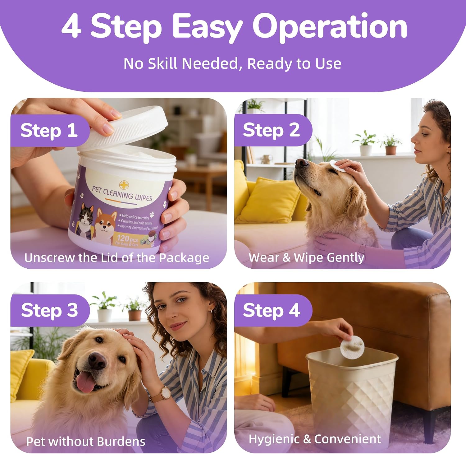 Multi-purpose wrinkle and eye booger remover wipes for adult dogs.