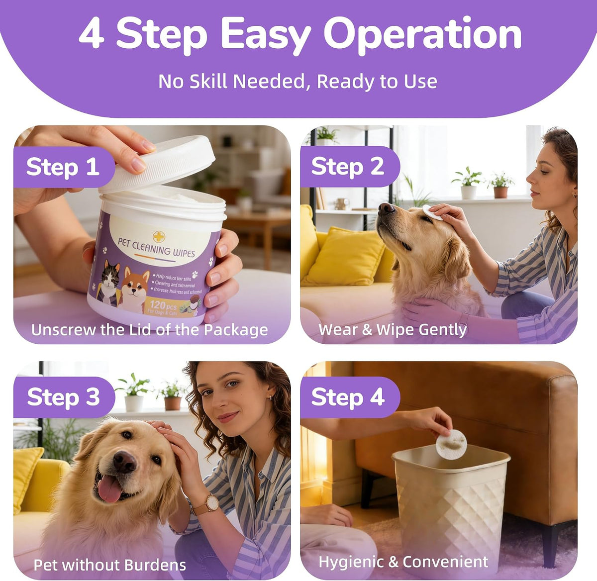 Multi-purpose wrinkle and eye booger remover wipes for adult dogs.