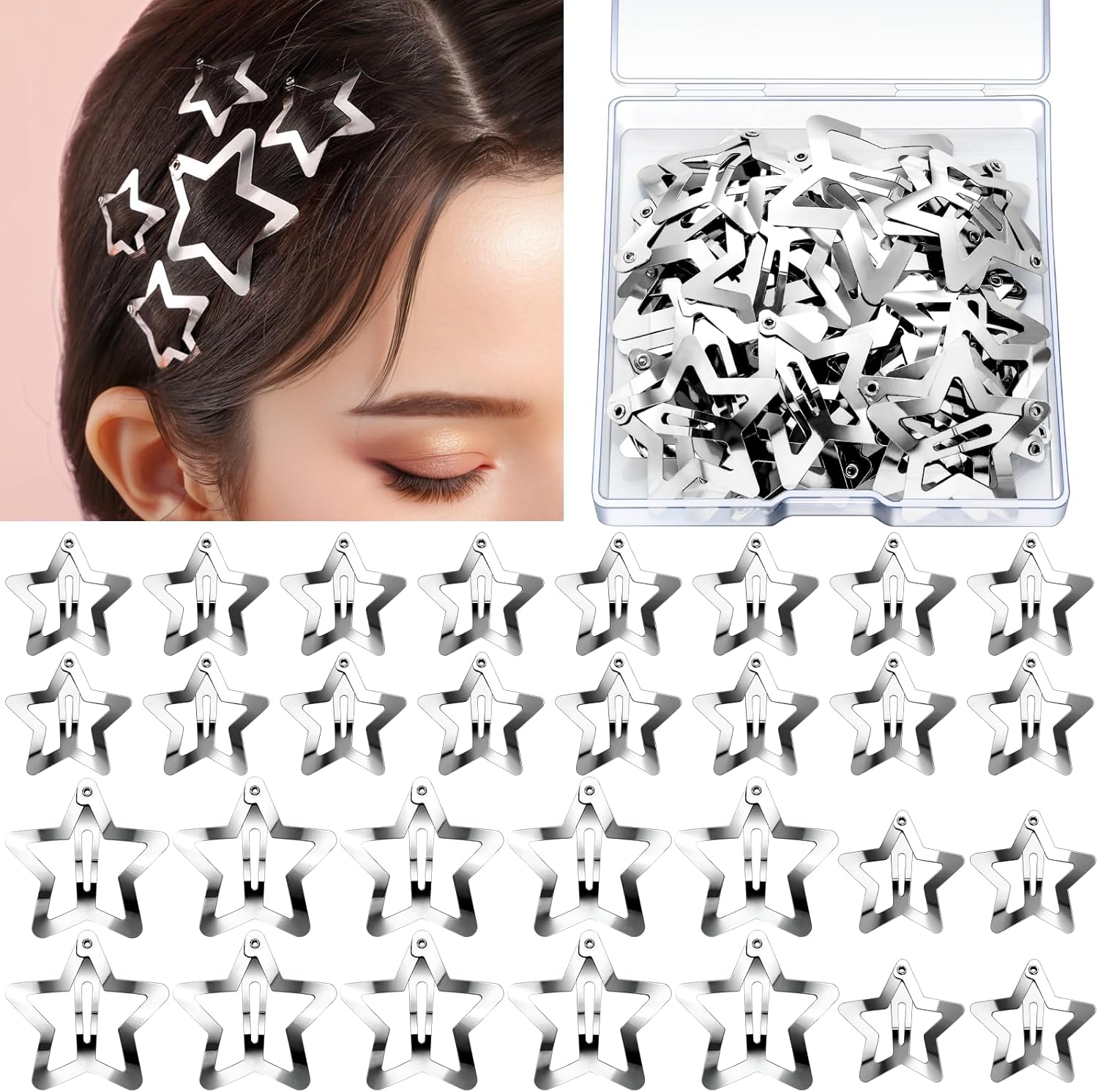 YGDZ Star Hair Clips and Barrettes Set front view showcasing thirty pieces of silver metal snap hair pins.