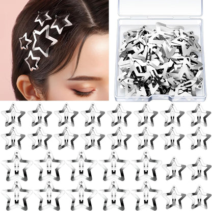 YGDZ Star Hair Clips and Barrettes Set front view showcasing thirty pieces of silver metal snap hair pins.