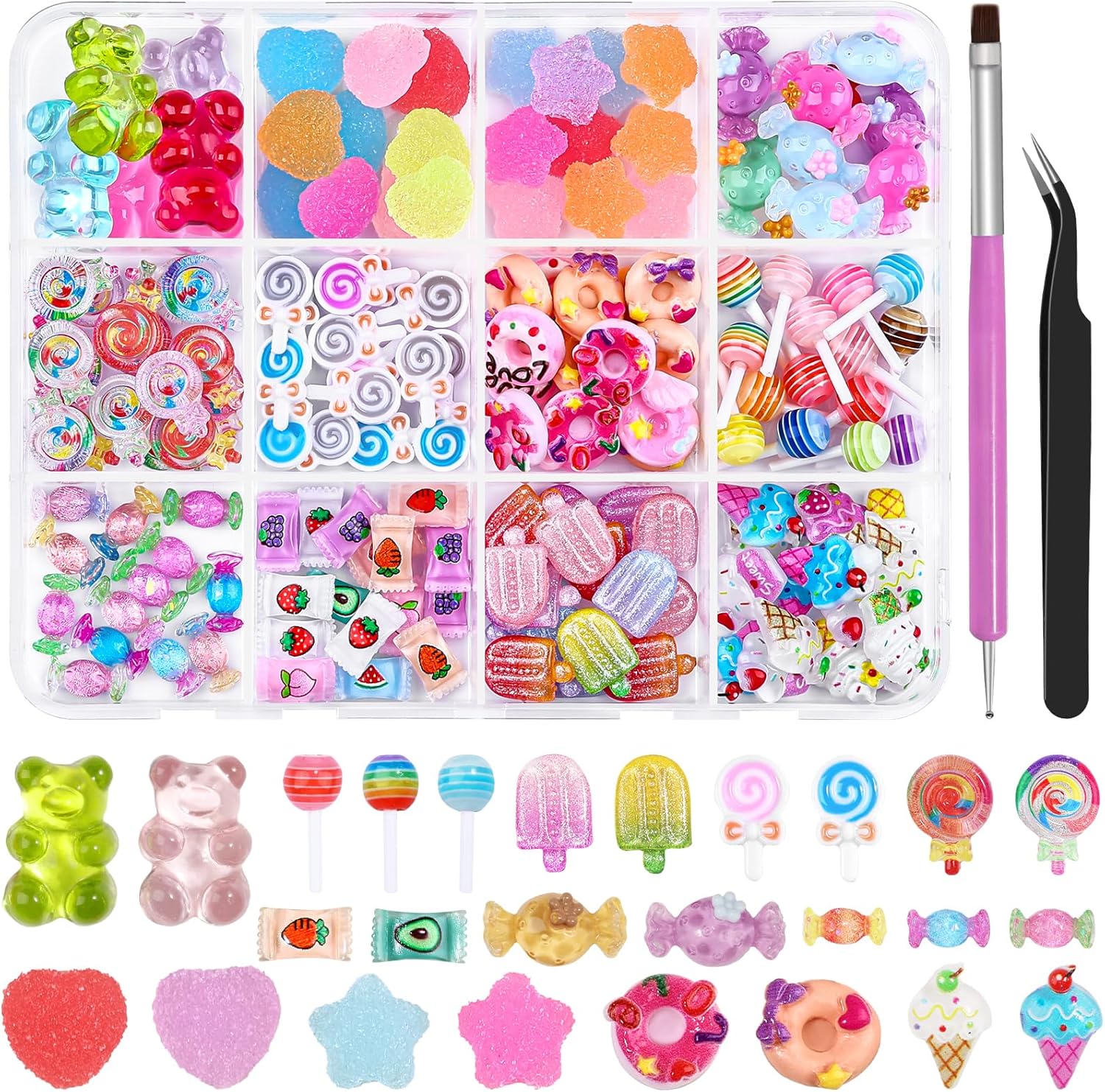 Anower 3D candy nail charms kit front view in storage box