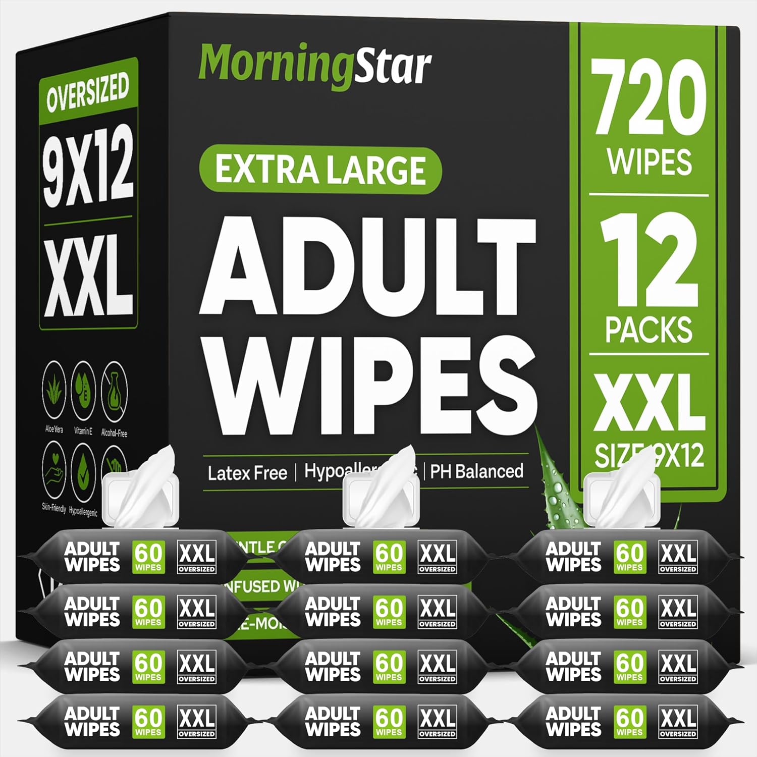 MedStar Morning Star adult wipes for elderly twelve pack front view showing packaging details