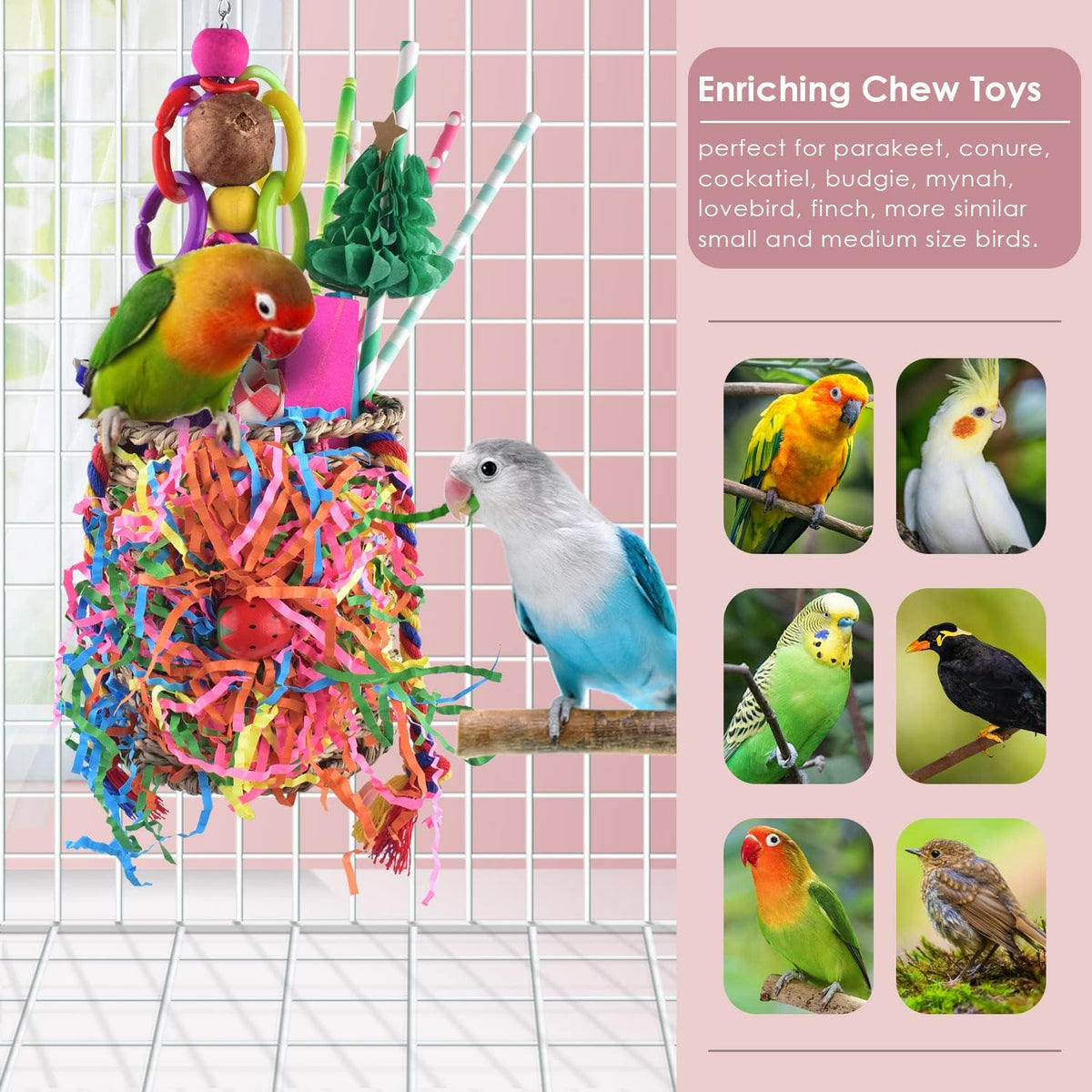 Colorful paper and wood texture details on Katumo foraging toy
