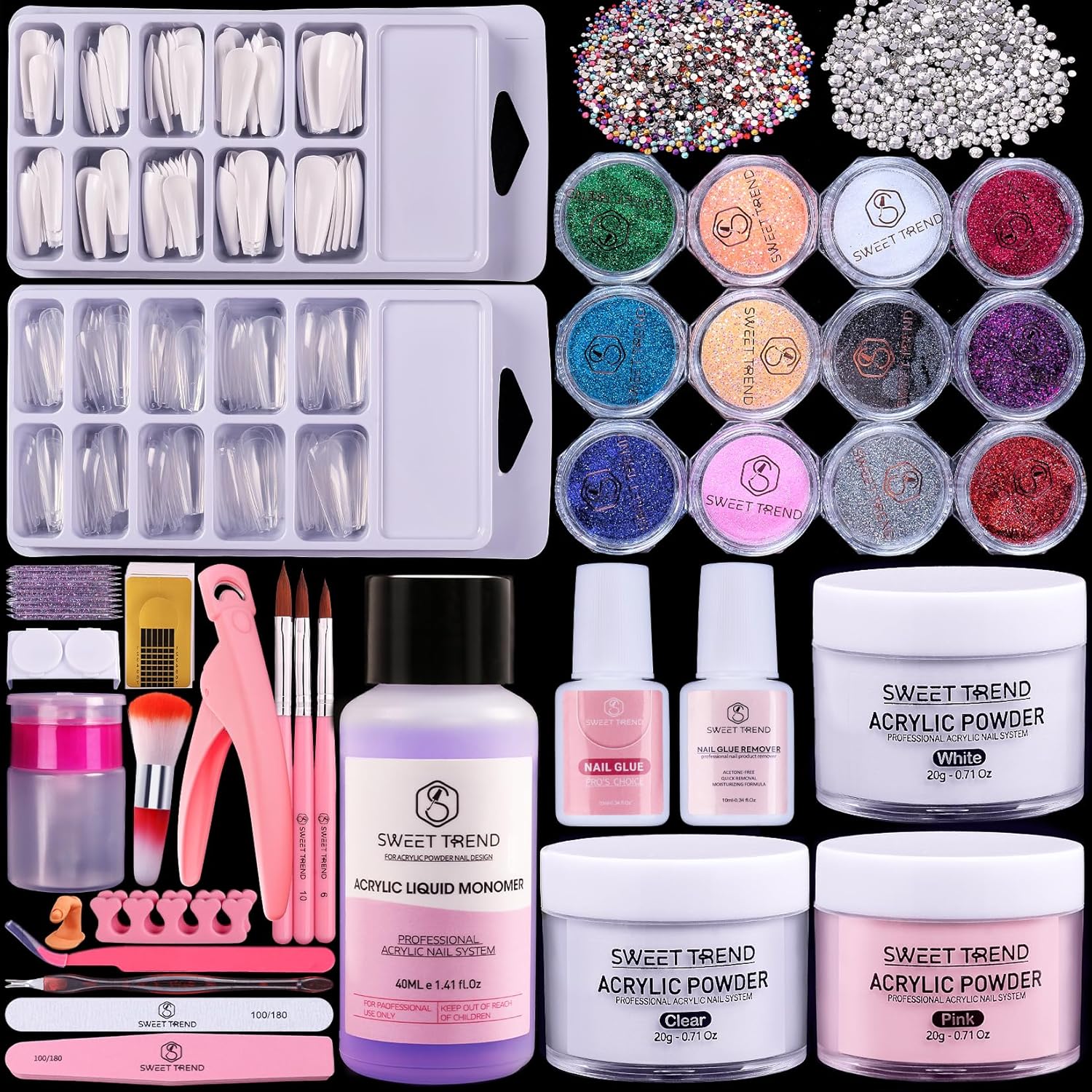 Sweet Trend Beginners Acrylic Nail Kit front view with all components