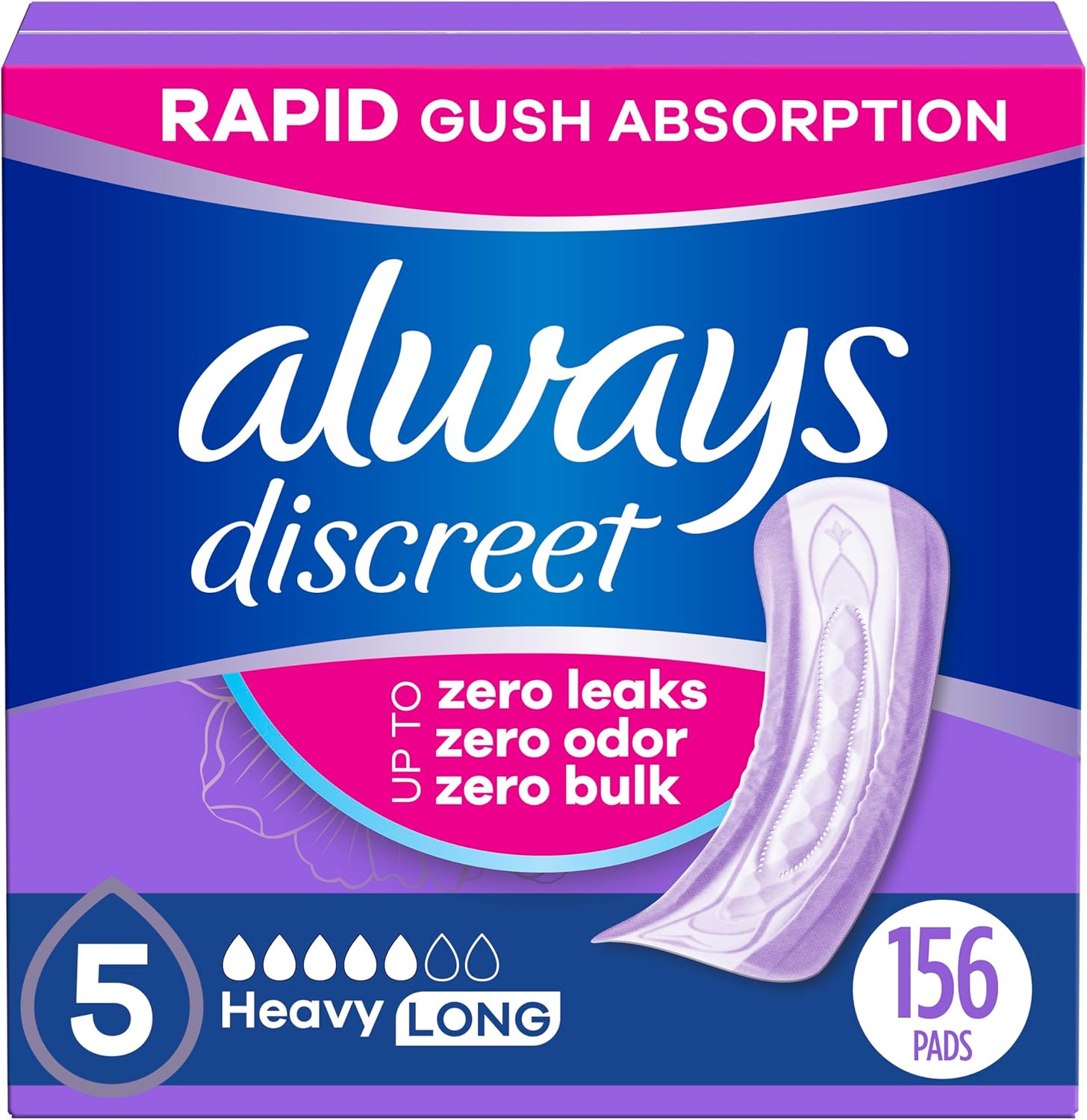 Always Discreet Heavy Absorbency Long Pads 156 count box front view