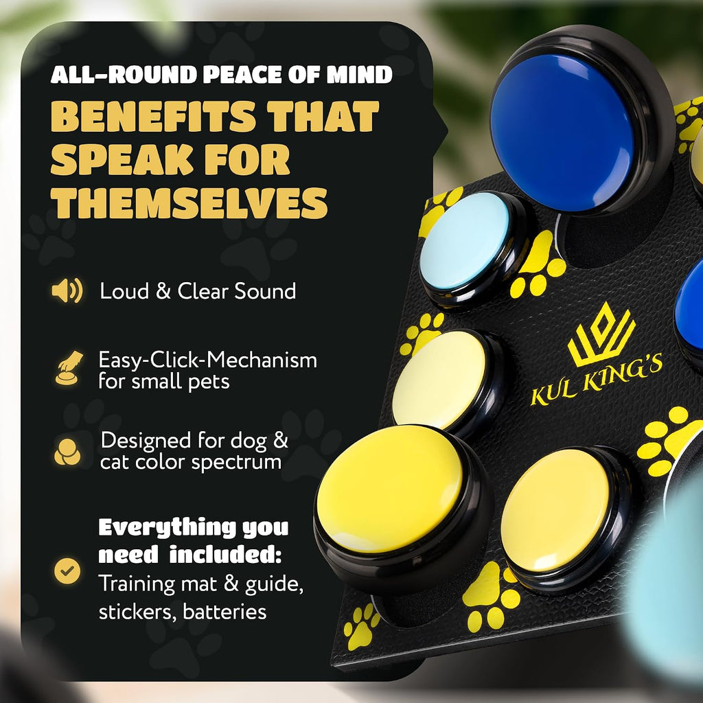 Waterproof pet communication training board displayed with included batteries and instruction manual.