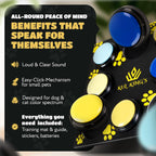 Waterproof pet communication training board displayed with included batteries and instruction manual.