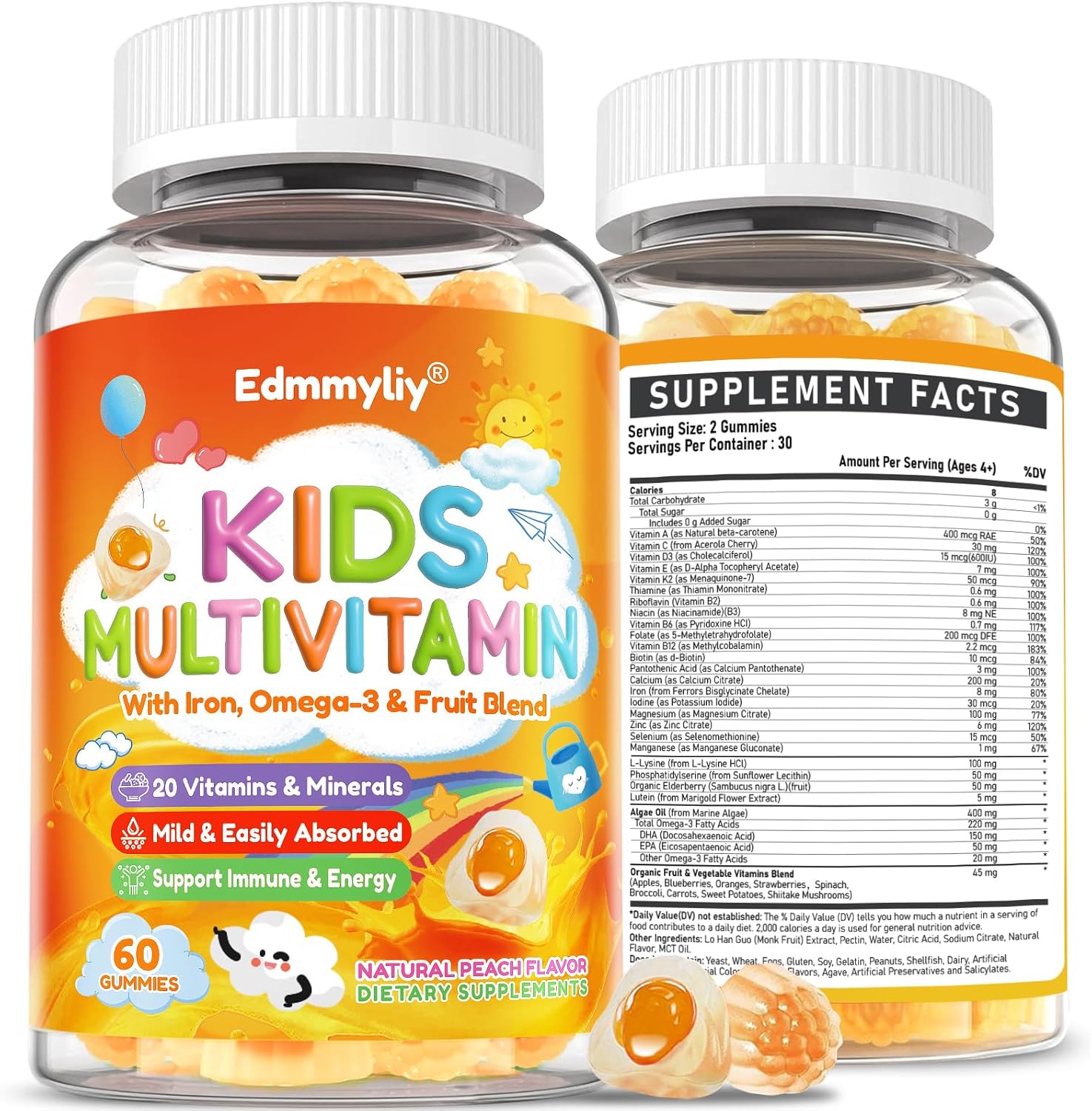 Edmmyliy Kids Multivitamin Gummies front bottle view for daily immune support.
