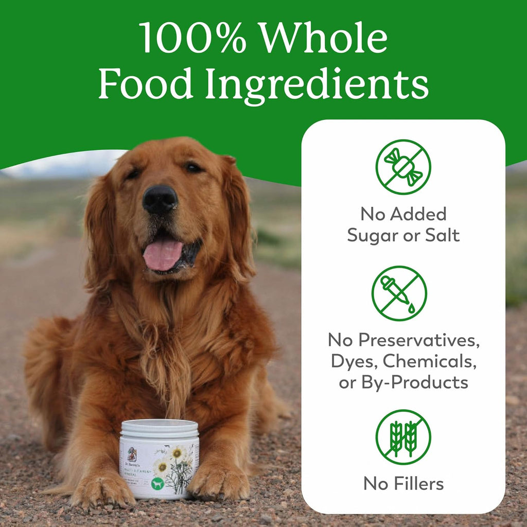 Usage instructions and feeding guide for Dr. Harvey's dog vitamin supplement.