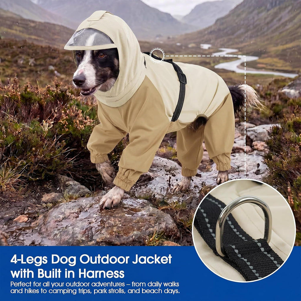 Waterproof dog suit with built in leash attachment D ring for walks.