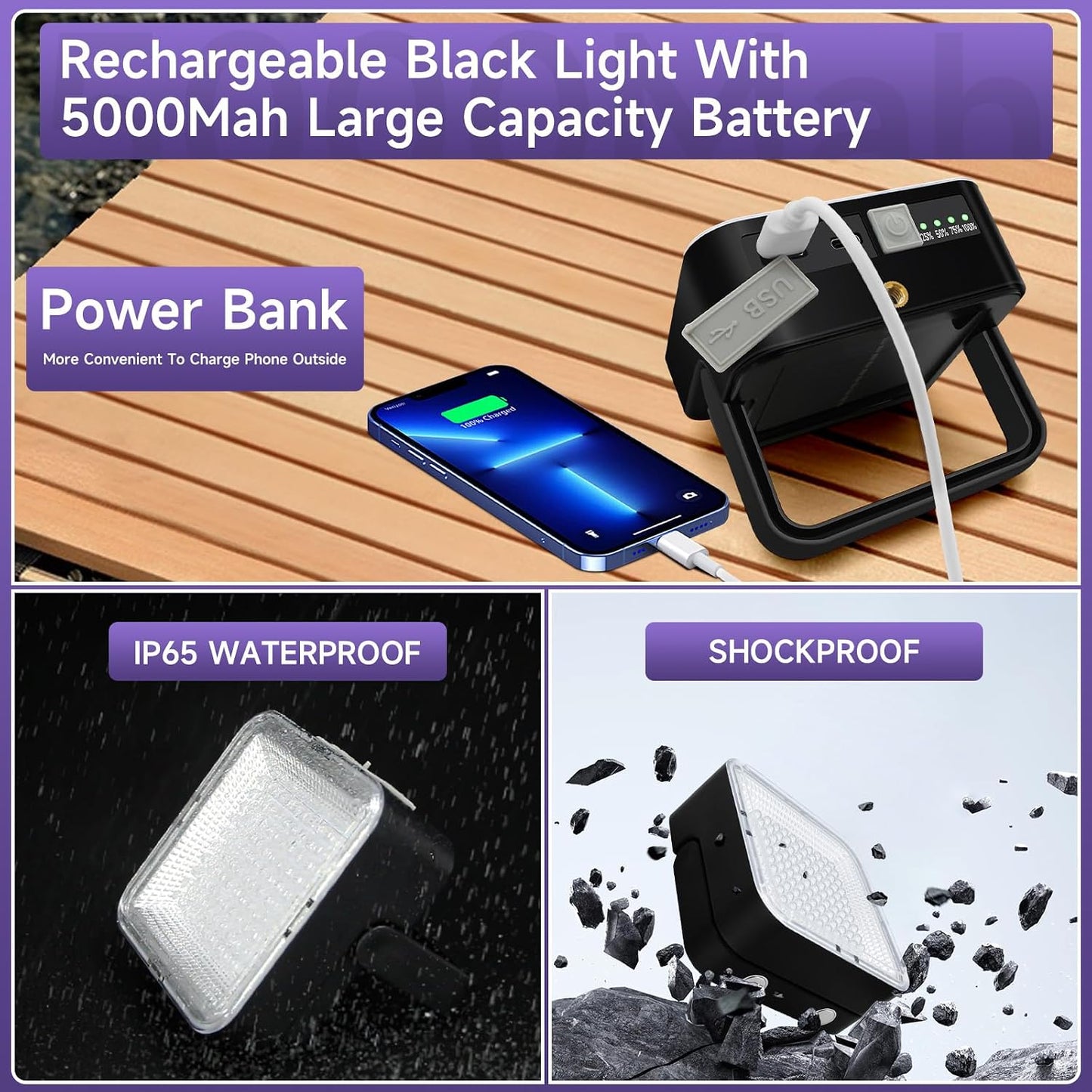 Benss rechargeable blacklight being used outdoors for scorpion detection during camping.