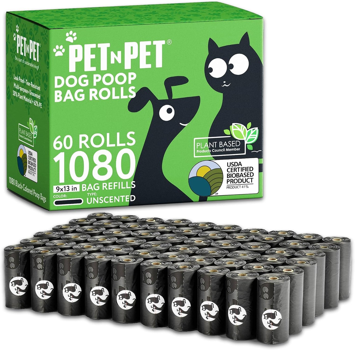 Pet N Pet 1080 Count Black Poop Bags front view showing the bulk packaging box.