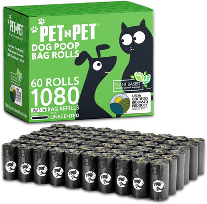 Pet N Pet 1080 Count Black Poop Bags front view showing the bulk packaging box.