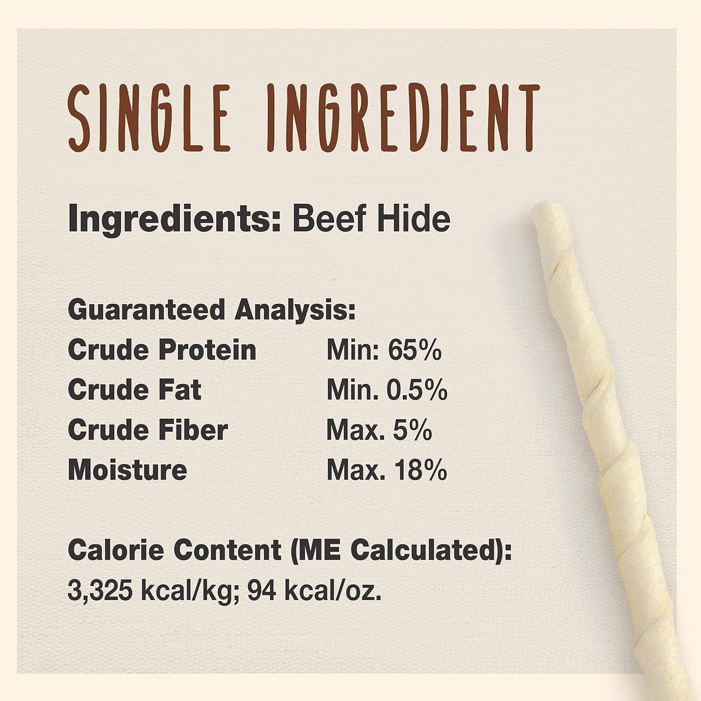 Single ingredient 100 percent real beef hide dog chew close up