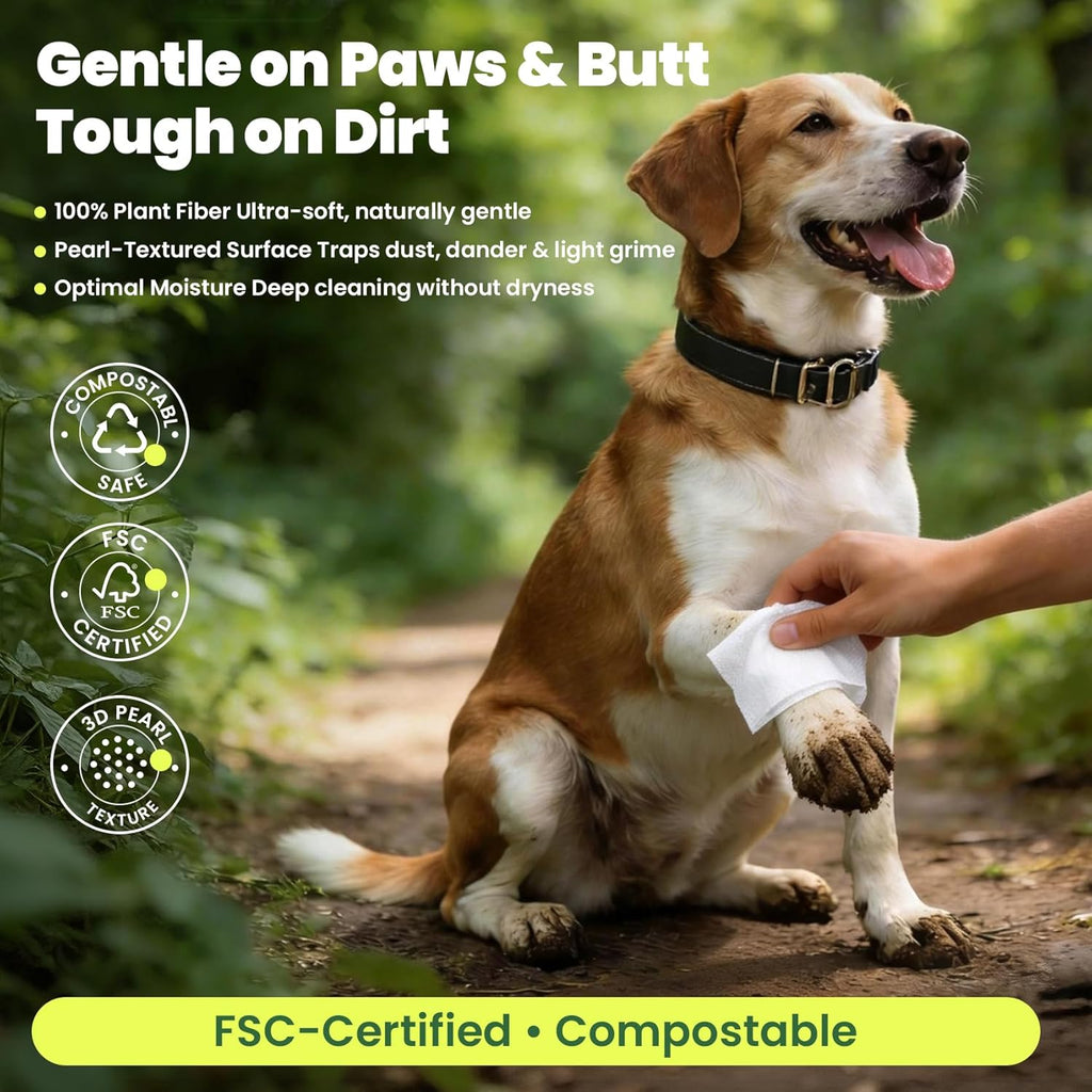 Hypoallergenic plant based dog wipes with pearl texture for efficient paw cleaning.