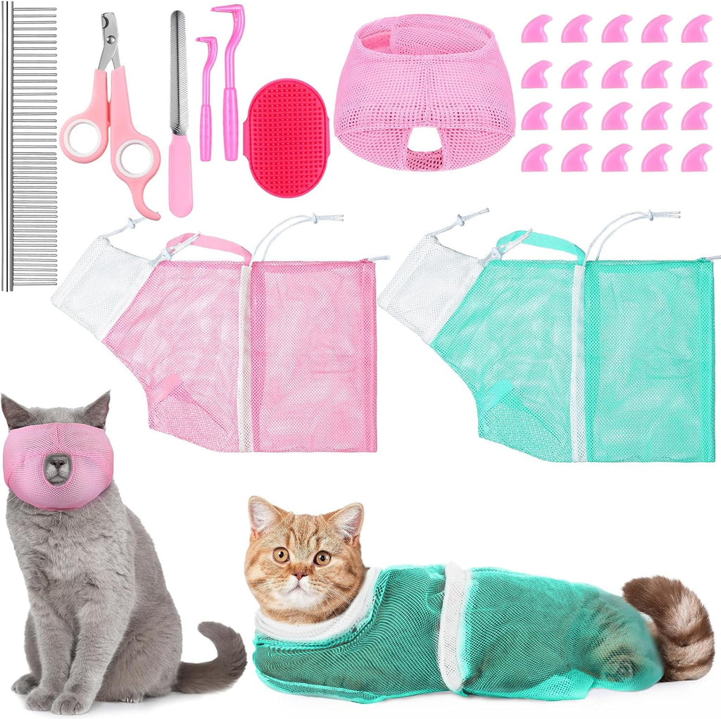 10 Pcs Cat Bathing Bag Set Pet Mesh Shower Bag Anti Bite and Scratch Pet Grooming for Washing Brush, Cat Muzzle, Nail Clipper, Nail File, Tick Tool(Gray and Black) - Image 9
