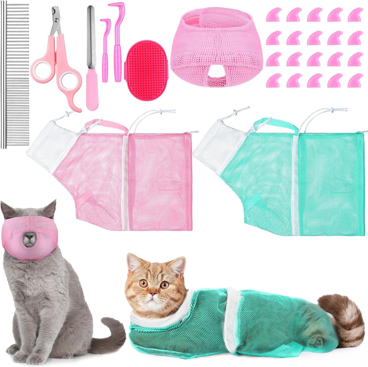 10 Pcs Cat Bathing Bag Set Pet Mesh Shower Bag Anti Bite and Scratch Pet Grooming for Washing Brush, Cat Muzzle, Nail Clipper, Nail File, Tick Tool(Gray and Black) - Image 9