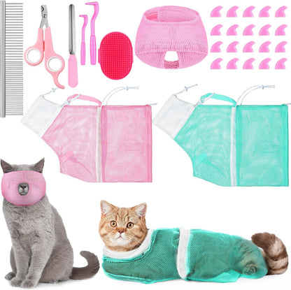 10 Pcs Cat Bathing Bag Set Pet Mesh Shower Bag Anti Bite and Scratch Pet Grooming for Washing Brush, Cat Muzzle, Nail Clipper, Nail File, Tick Tool(Gray and Black) - Image 9