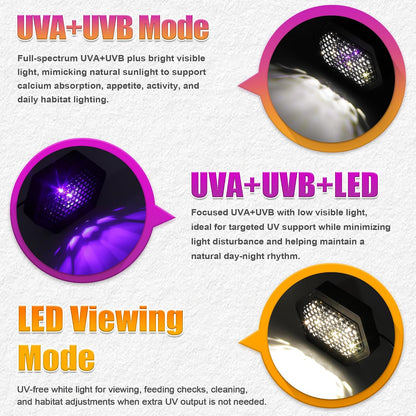 Adjustable LED terrarium light displaying the three lighting modes and control panel.