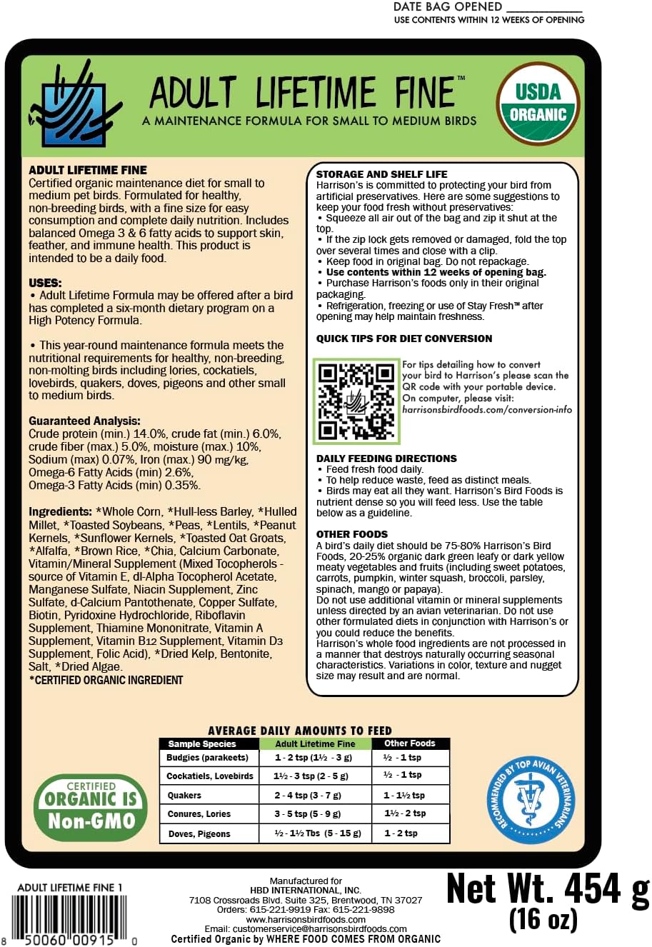 Harrison's Bird Foods Bird Food Adult Lifetime Fine Certified Organic Non-GMO Formula Bird Food 1lb - Image 2