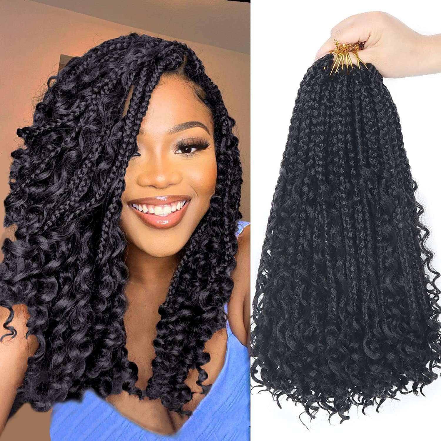 Diha Goddess Bohemian Box Braids Crochet Hair front view showcasing 14 inch length and off-black 1B color.