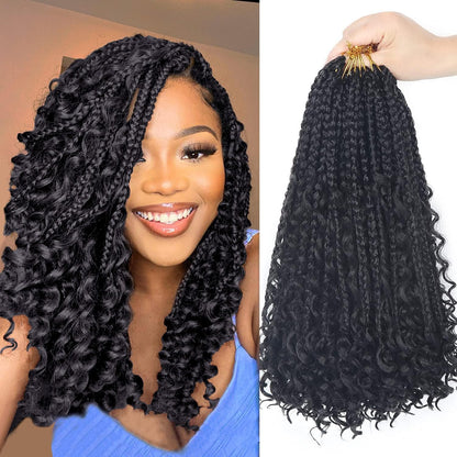 Diha Goddess Bohemian Box Braids Crochet Hair front view showcasing 14 inch length and off-black 1B color.