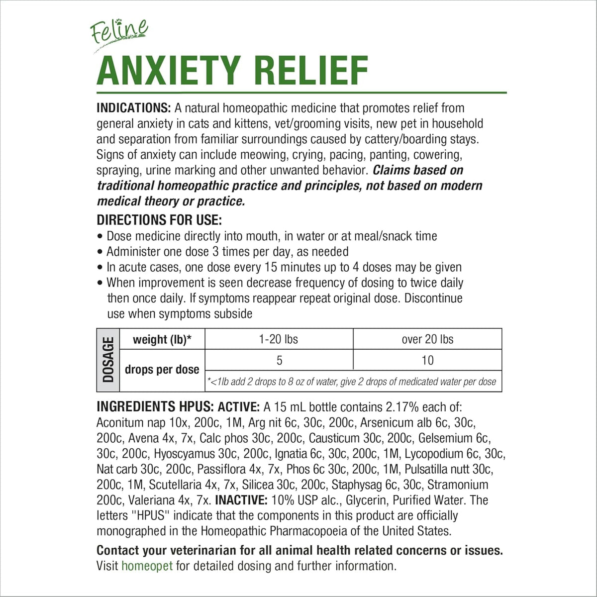 HomeoPet Feline Anxiety Relief natural stress support product closeup shot