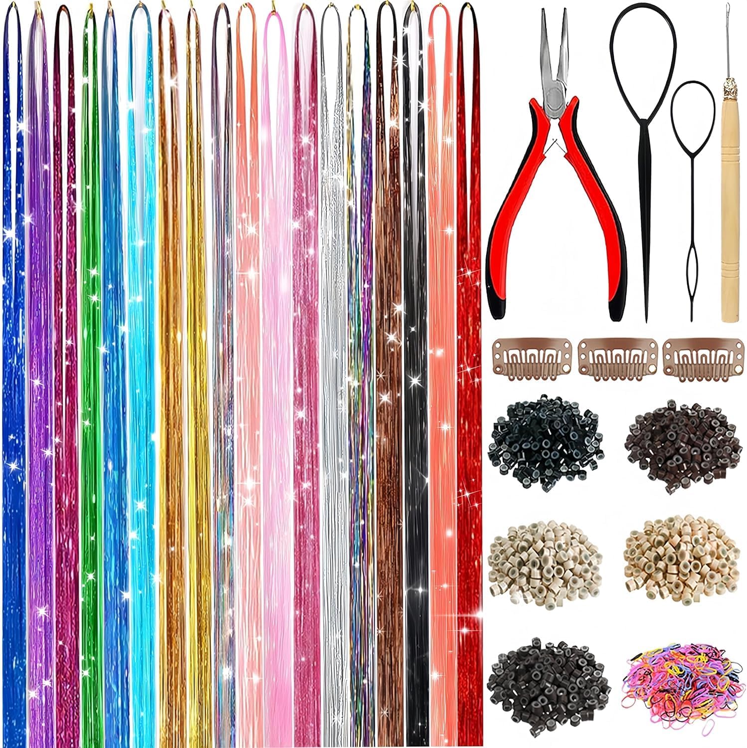 LEDIZE holographic hair tinsel kit front view showing eighteen colors of glitter extensions