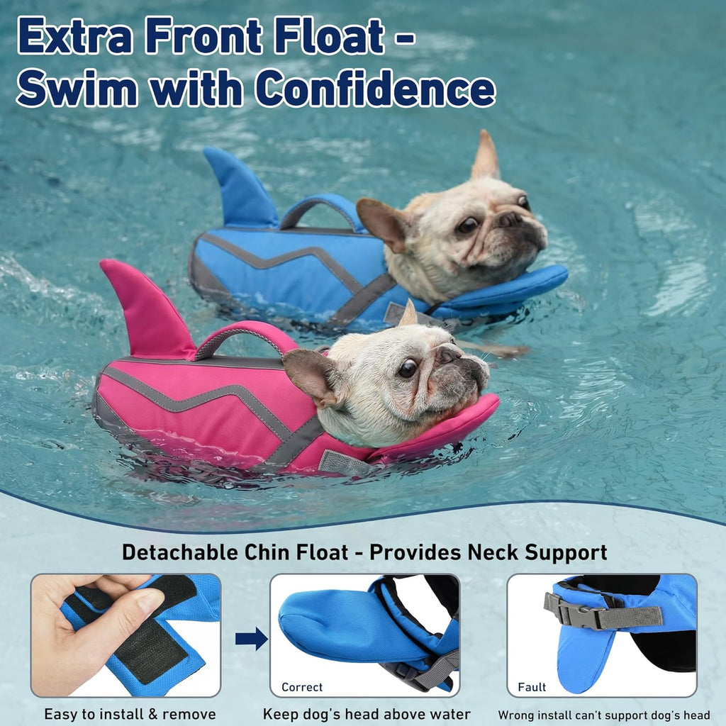Dog safety vest featuring a detachable chin float for head support