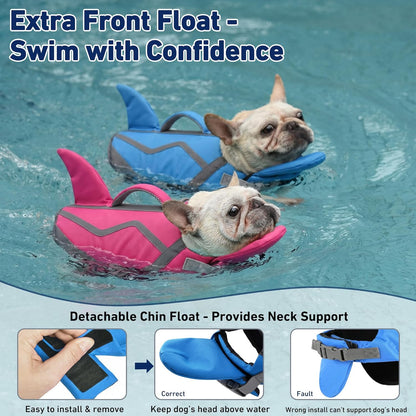 Dog safety vest featuring a detachable chin float for head support