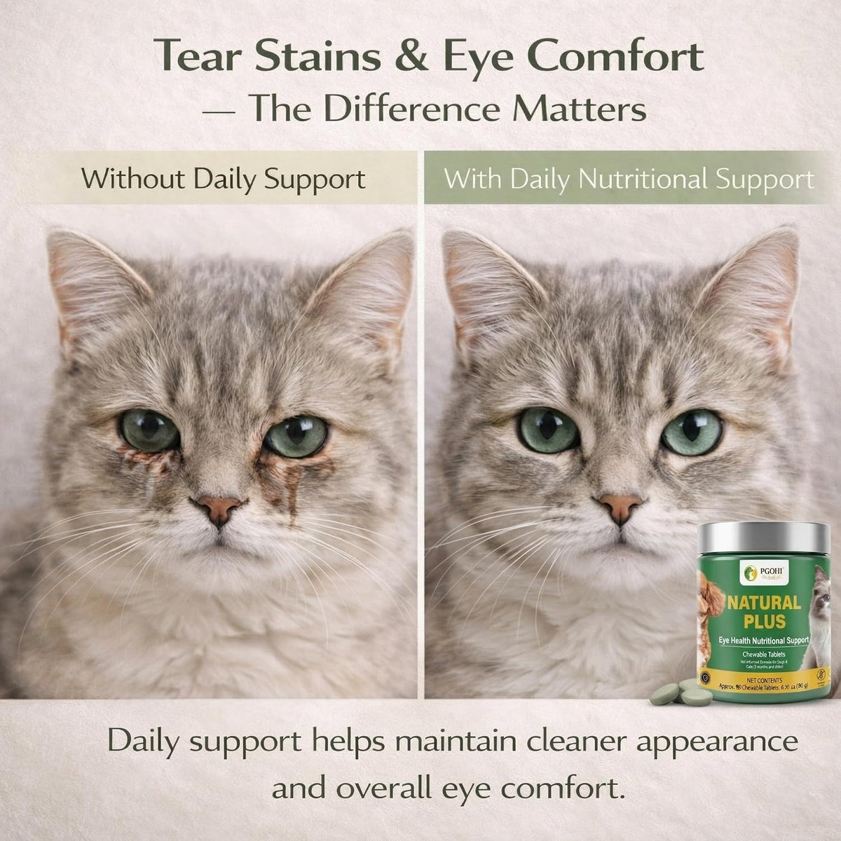 PGOHI antibiotic-free tear stain reducer tablets packaging for clean pet faces.
