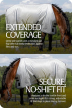Equinavia UV protection mesh turnout cover showing the secure cross surcingles under the belly.