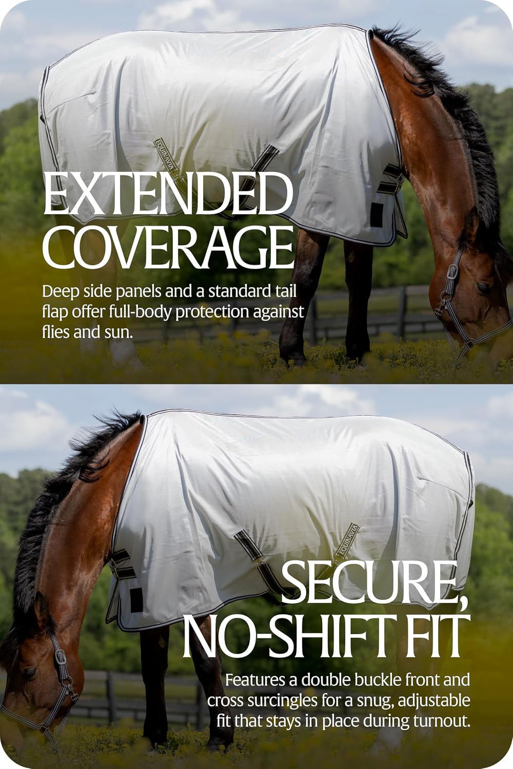 Equinavia UV protection mesh turnout cover showing the secure cross surcingles under the belly.