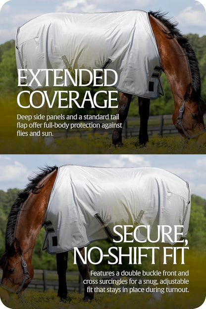 Equinavia UV protection mesh turnout cover showing the secure cross surcingles under the belly.
