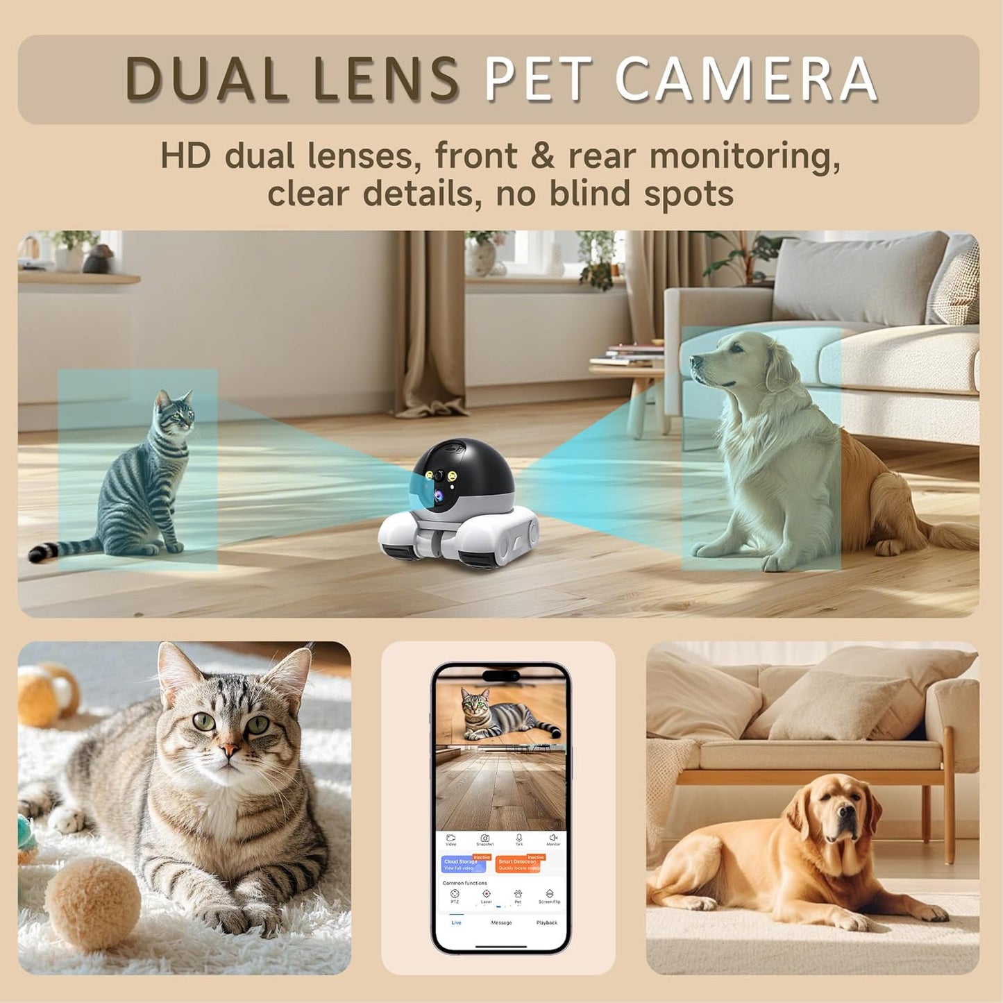 Oromvo pet camera dual lens split screen display