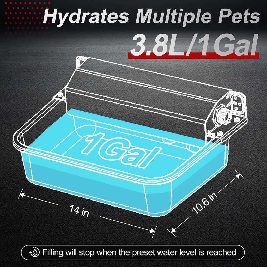 PETHIND self filling pet waterer connected to an outdoor faucet in a backyard kennel.