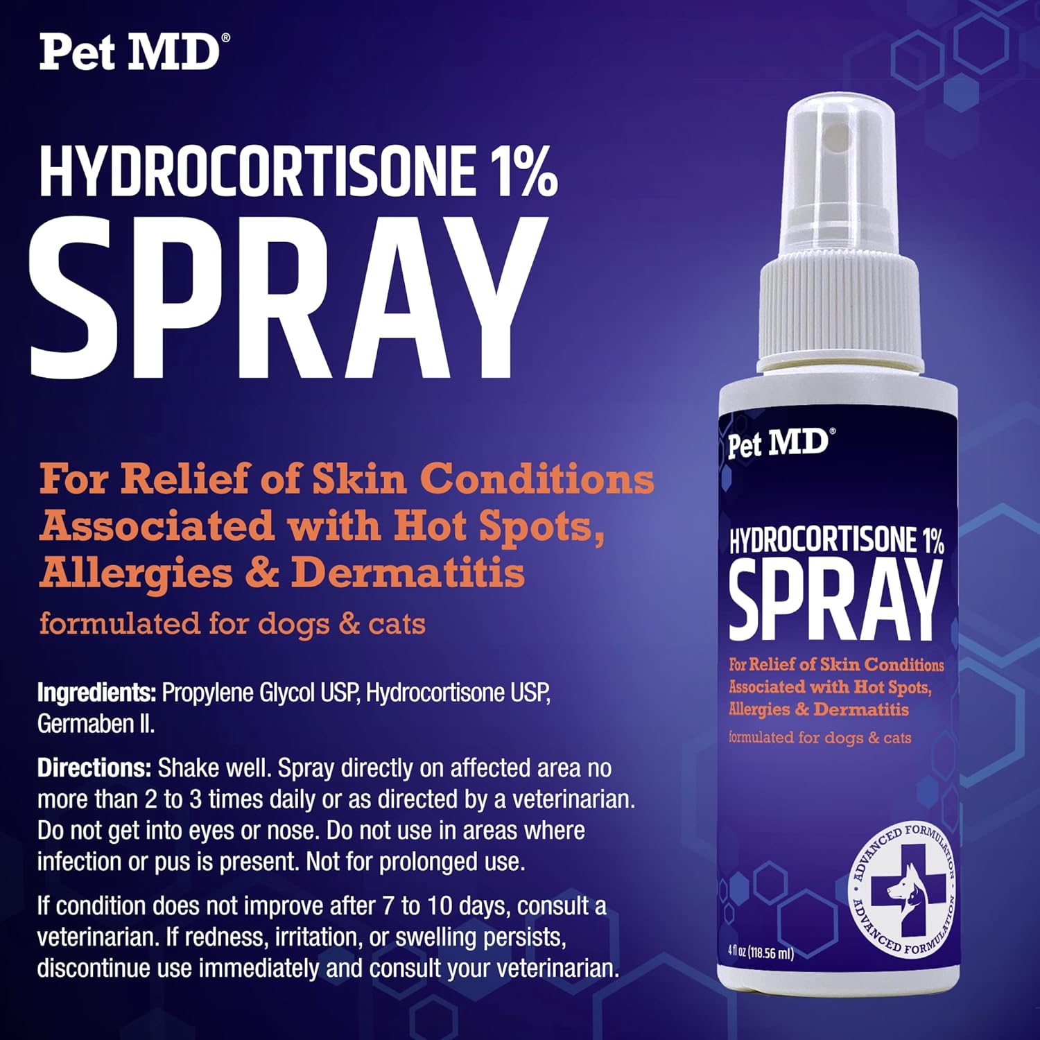 Pet MD non stinging fragrance free pet itch relief spray back label
