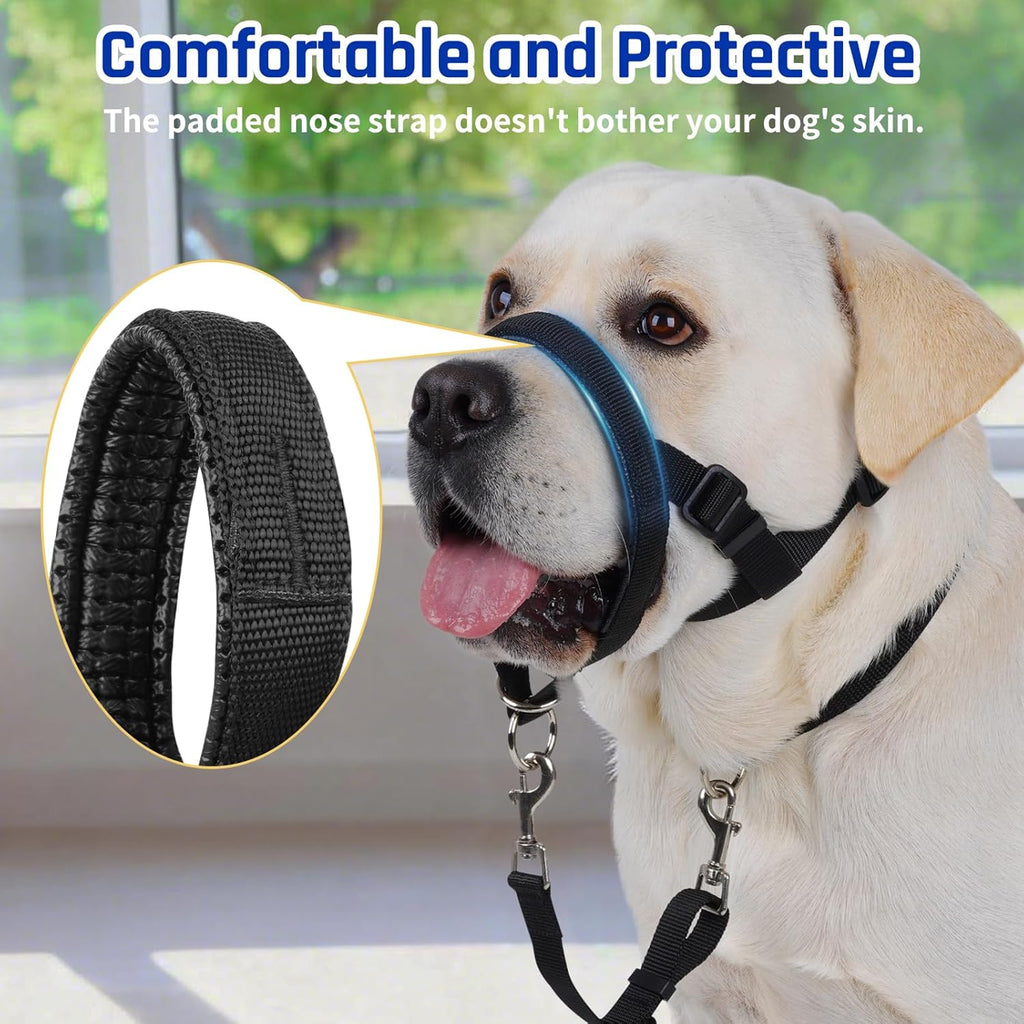 A happy large dog panting comfortably while wearing the secure and adjustable Barkless no pull face harness