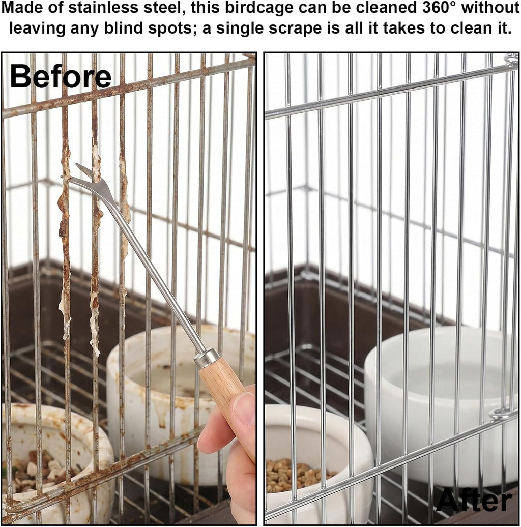 Ergonomic long handle pet cage cleaning tools with built-in storage hanging loops.