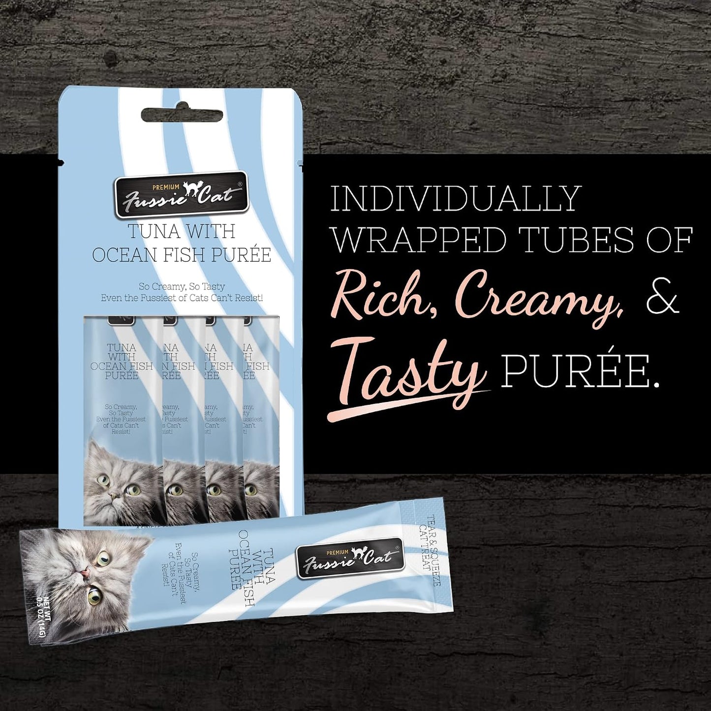 Creamy texture of Fussie Cat tuna and ocean fish lickable treat