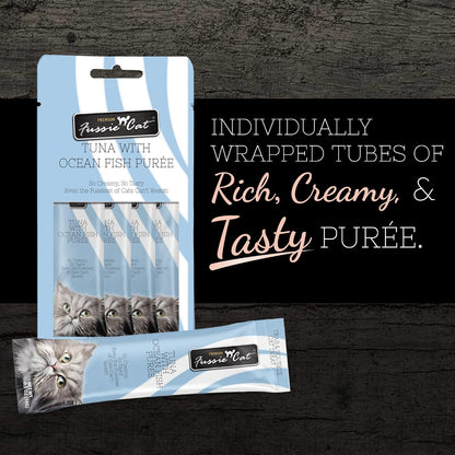 Creamy texture of Fussie Cat tuna and ocean fish lickable treat