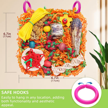 Close up view of bird safe rattan stars and crinkle paper on foraging mat