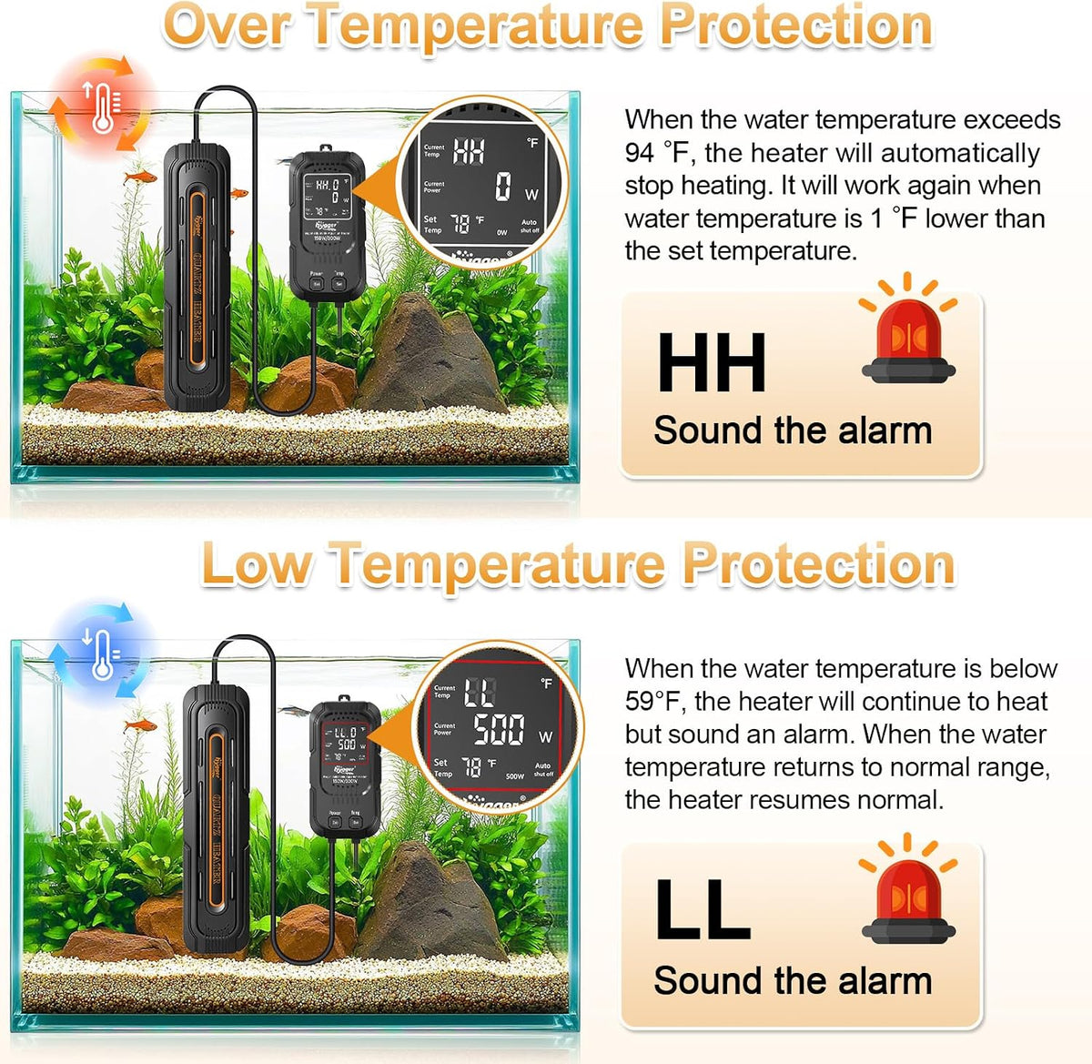 Submersible quartz glass aquarium heater with protective cage