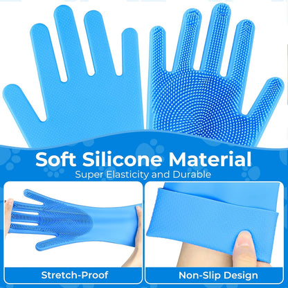 Waterproof pet shedding gloves protecting hands during a soapy dog bath session