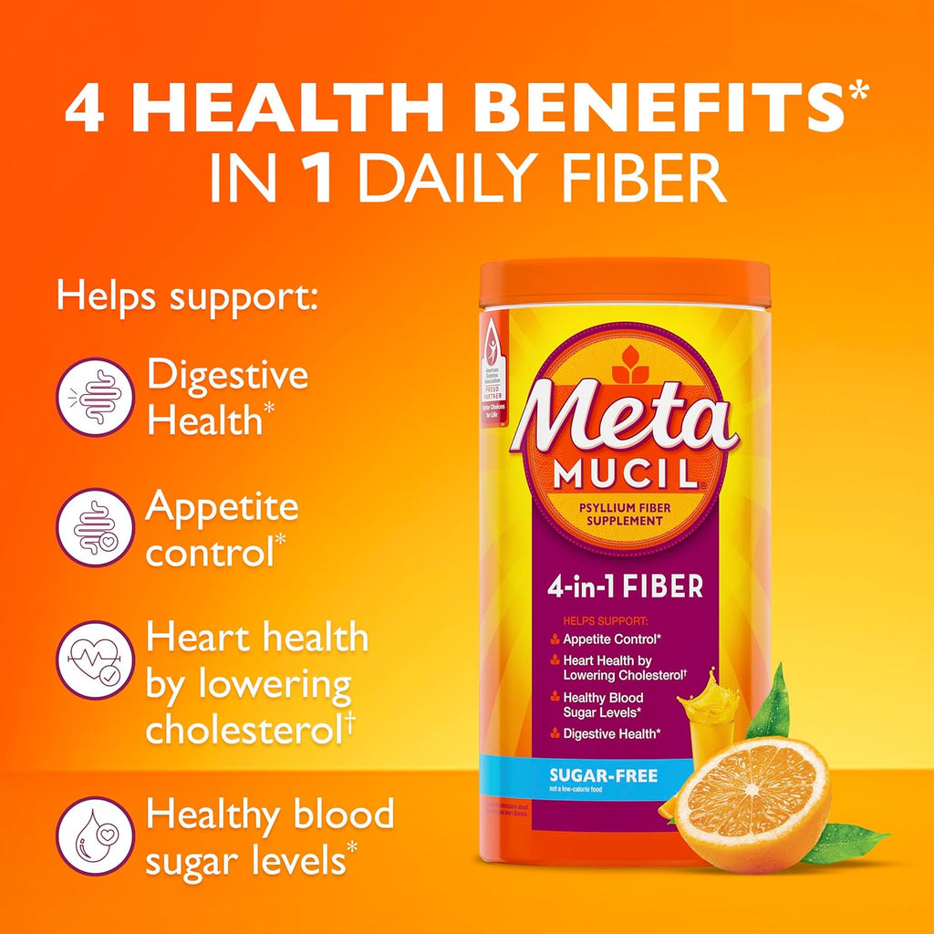 Metamucil 4-in-1 Psyllium Husk Fiber Supplement, Sugar-Free, 180 teaspoons, Orange Flavored, Daily Fiber Powder for Digestive Health, made with Plant-Based Psyllium Husk Fiber - Image 2