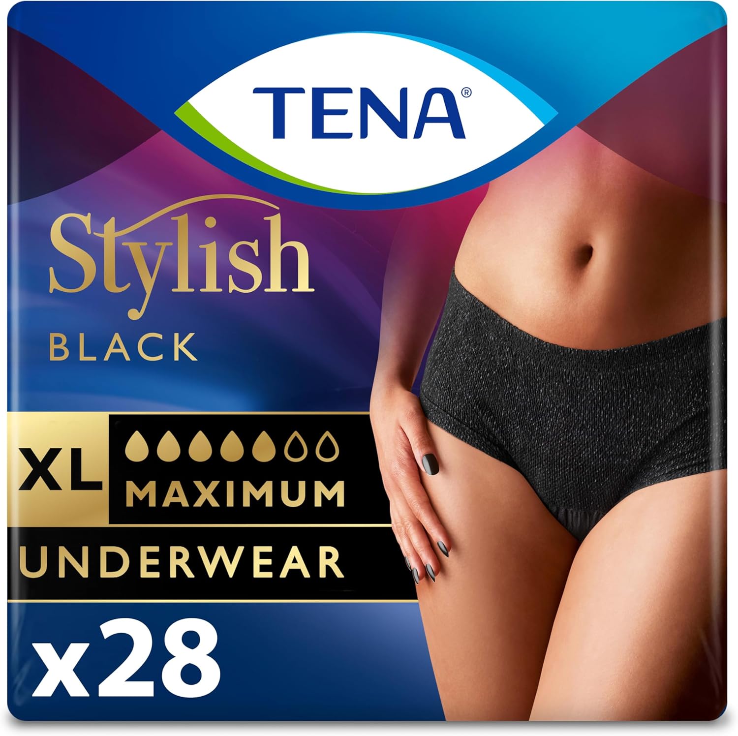 TENA Stylish Black Incontinence Underwear for Women front packaging view