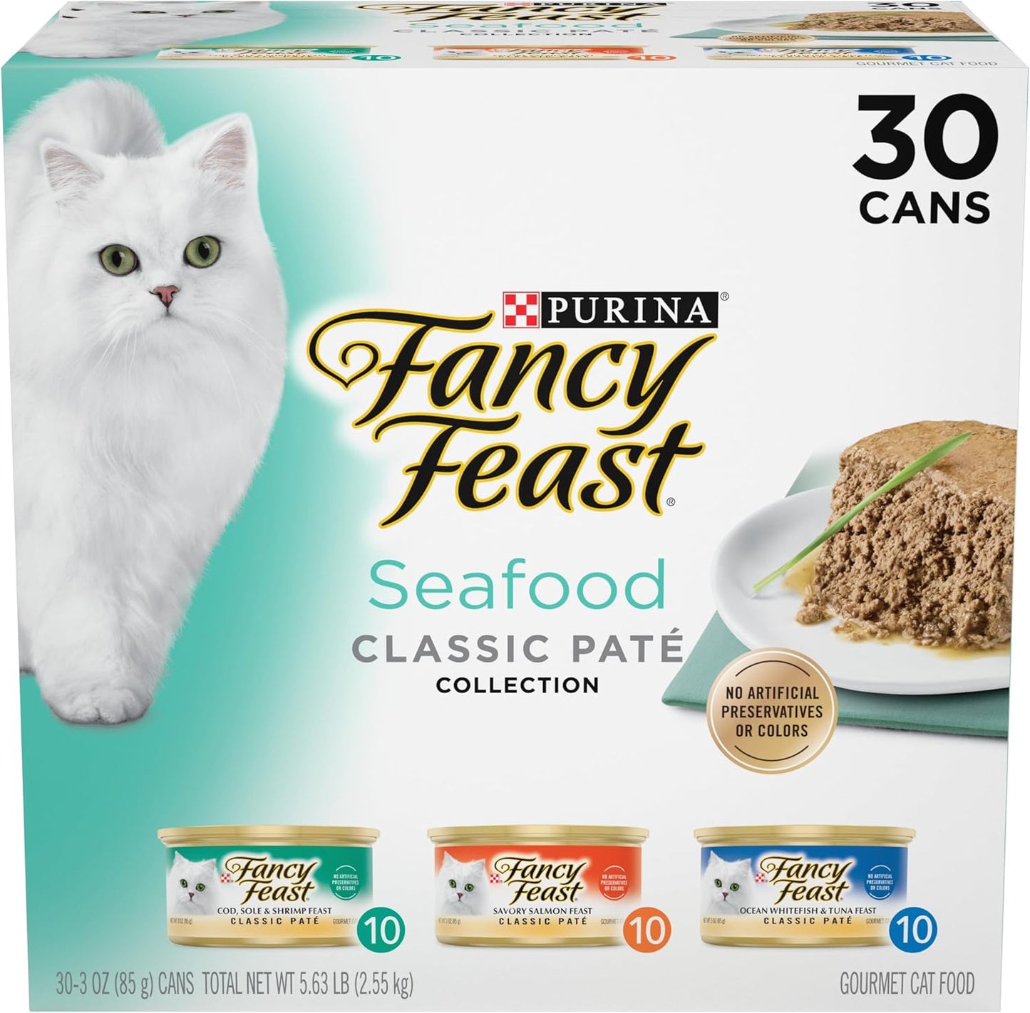 Purina Fancy Feast Seafood Classic Pate Collection wet cat food cans front view