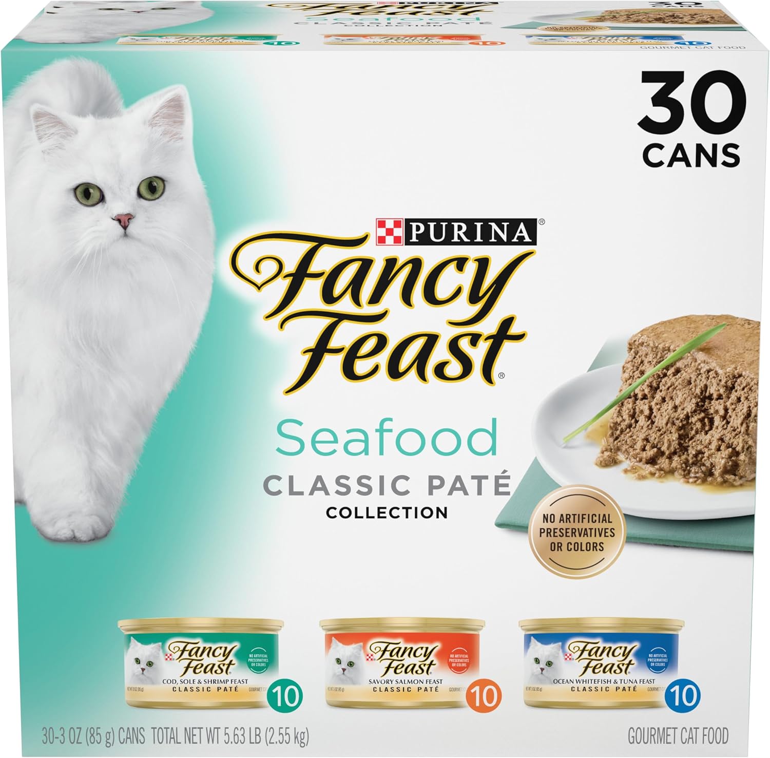 Purina Fancy Feast Seafood Classic Pate Collection wet cat food cans front view