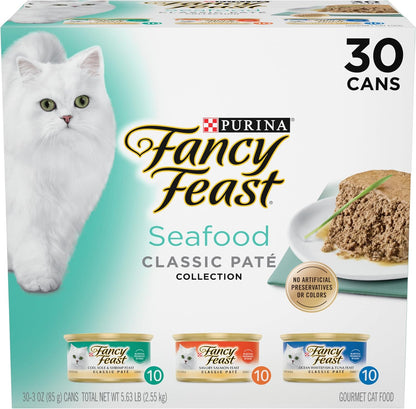 Purina Fancy Feast Seafood Classic Pate Collection wet cat food cans front view